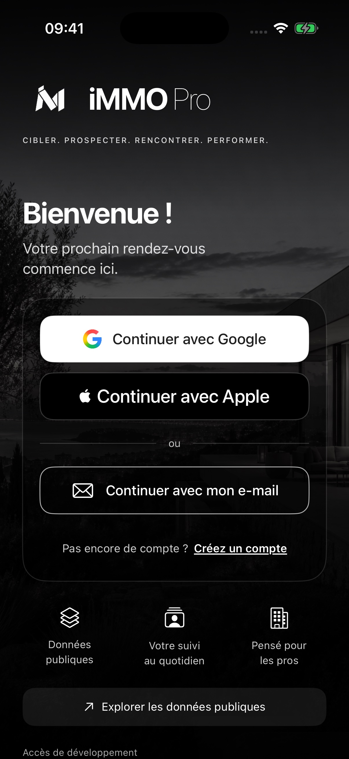 Écran d’accueil photographique de l’application