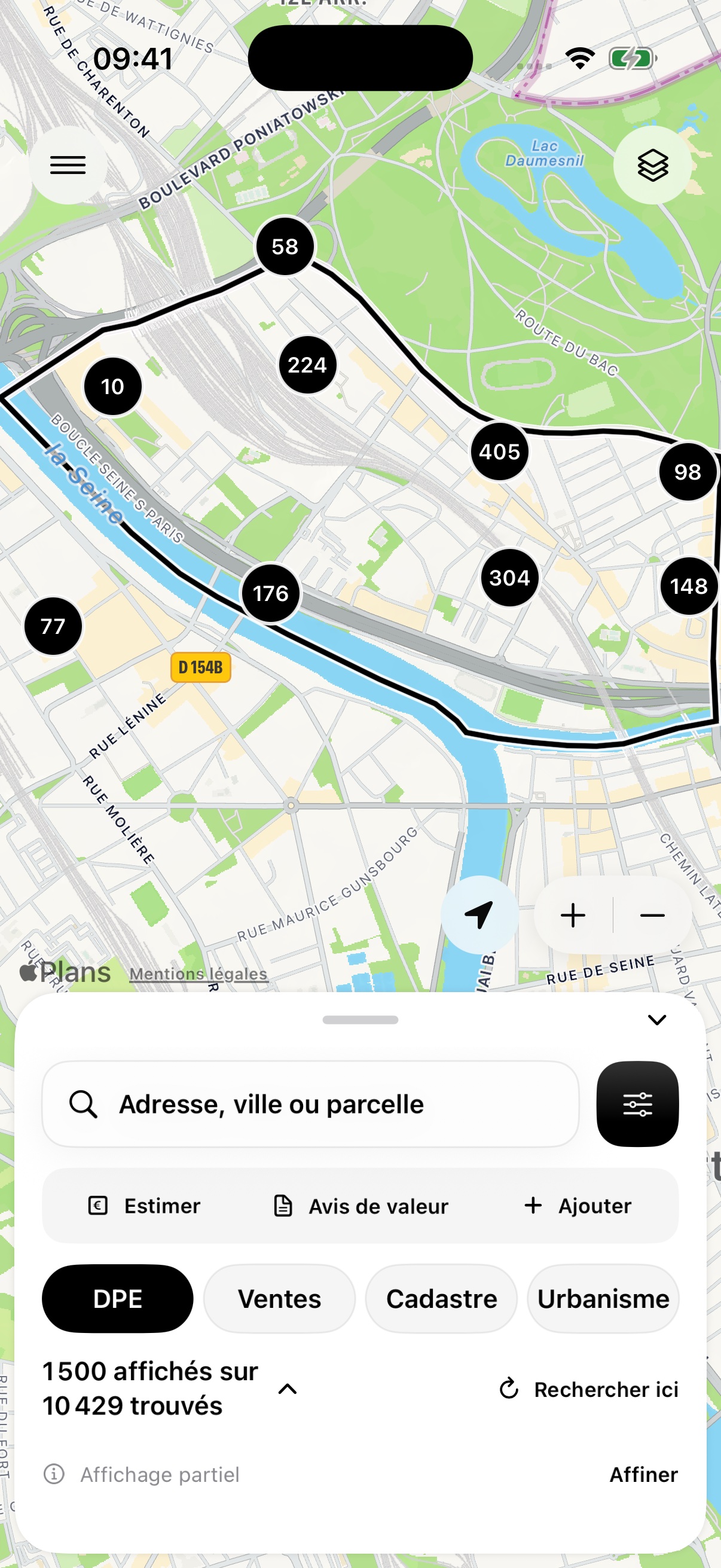 La carte DPE avec les actions Estimer, Avis de valeur et Ajouter