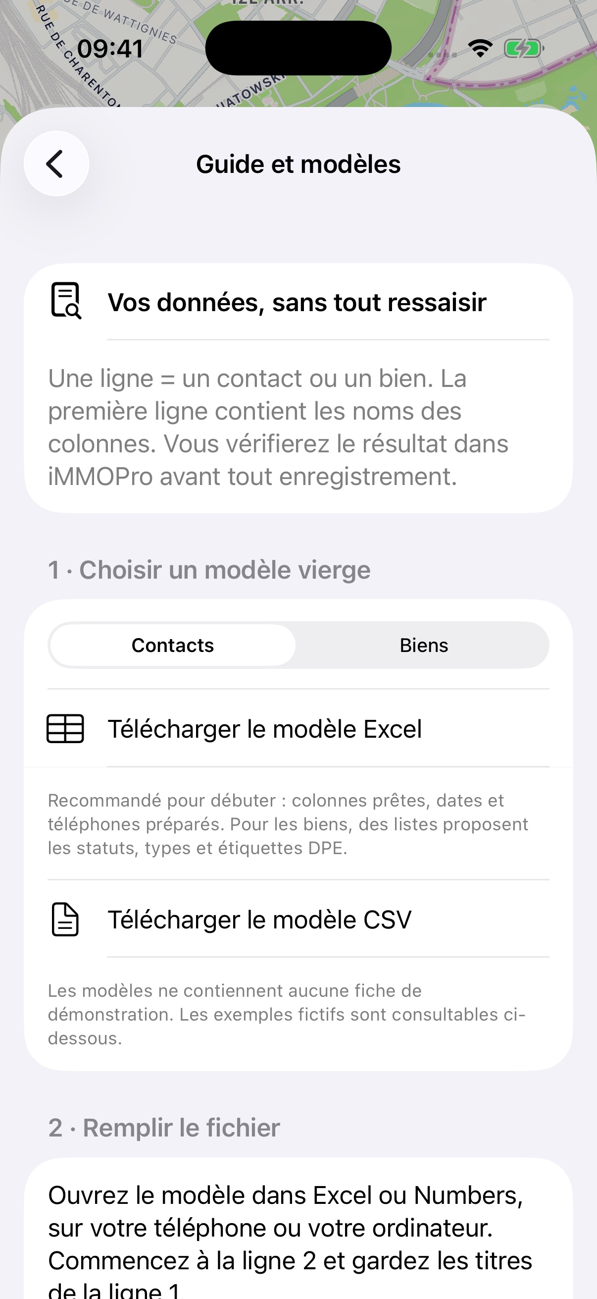 Guide et modèles disponibles dans l’application