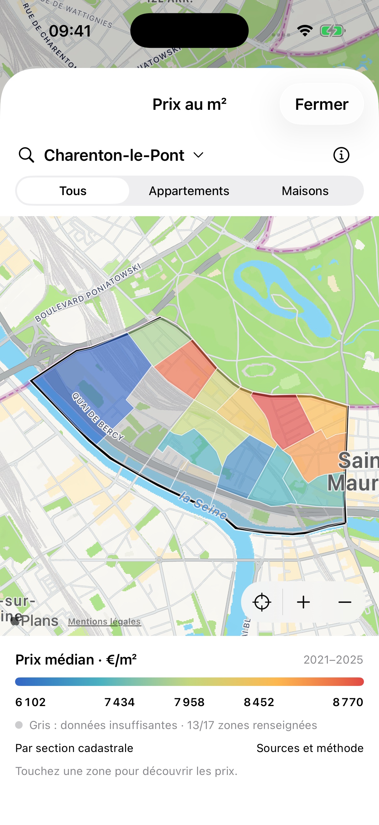 Carte des prix par section cadastrale, contours de Charenton-le-Pont et légende en euros par mètre carré